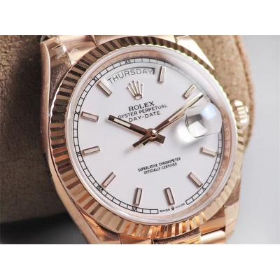 EWF DayDate 36 128349 A2836 Automatic Mens Watch RG Fluted Bezel Silver Stick Dial President Bracelet Best Edition