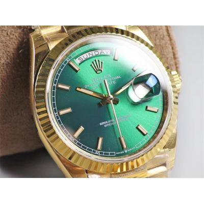 EWF DayDate 36 128238 A2836 Automatic Mens Watch YG Fluted Bezel Green Stick Dial President Bracelet Best Edition