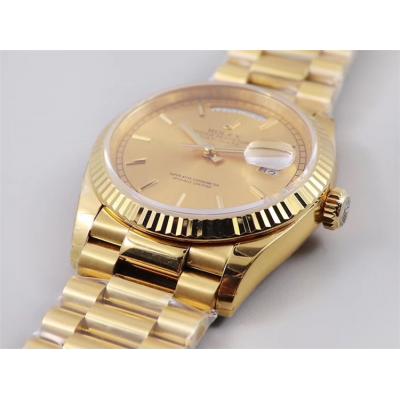 EWF DayDate 36 128238 A2836 Automatic Mens Watch YG Fluted Bezel Gold Stick Dial President Bracelet Best Edition