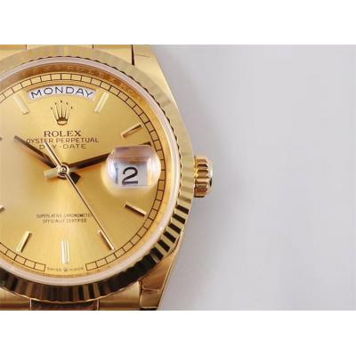 EWF DayDate 36 128238 A2836 Automatic Mens Watch YG Fluted Bezel Gold Stick Dial President Bracelet Best Edition