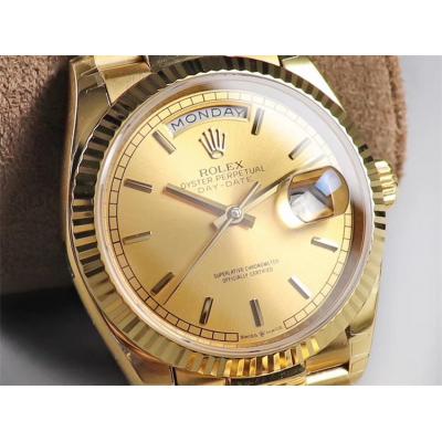 EWF DayDate 36 128238 A2836 Automatic Mens Watch YG Fluted Bezel Gold Stick Dial President Bracelet Best Edition