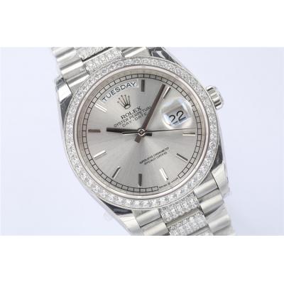 EWF DayDate 36 128349 A2836 Automatic Mens Watch Silver Stick Dial Diamond Bezel And President Bracelet Best Edition