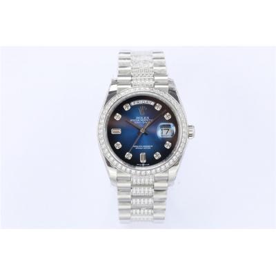 EWF DayDate 36 128349 A2836 Automatic Mens Watch Blue Dial Diamond Bezel And President Bracelet Best Edition