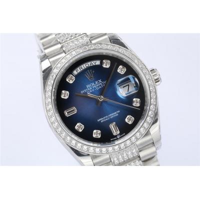 EWF DayDate 36 128349 A2836 Automatic Mens Watch Blue Dial Diamond Bezel And President Bracelet Best Edition