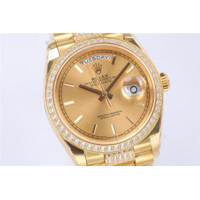 EWF DayDate 36 128349 A2836 Automatic Mens Watch YG Gold Stick Dial Diamond Bezel And President Bracelet Best Edition