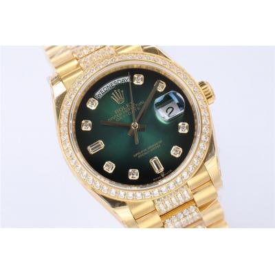 EWF DayDate 36 128349 A2836 Automatic Mens Watch YG Green Dial Diamond Bezel And President Bracelet Best Edition