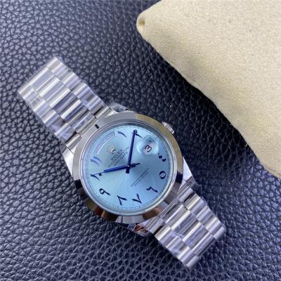 EWF DayDate 40 228206 Automatic Mens Watch Polished Bezel Ice Blue Dial Arabic Script President Bracelet Best Edition