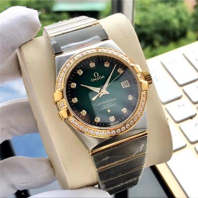 Replica Constellation A21j Automatic Movement Mens Watch Green Dial Diamonds Case Two Tone Yellow Gold E381