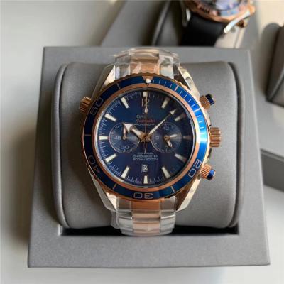 Replica Seamaster Japan Quartz Chronograph Movement Mens Watch Blue Dial Two Tone Rose Gold E385