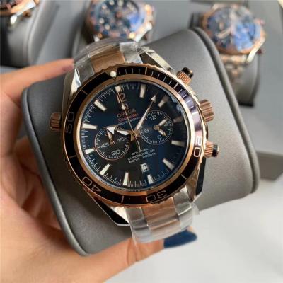 Replica Seamaster Japan Quartz Chronograph Movement Mens Watch Blue Dial Two Tone Rose Gold E385