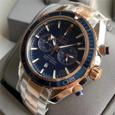 Replica Seamaster Japan Quartz Chronograph Movement Mens Watch Blue Dial Two Tone Rose Gold E385