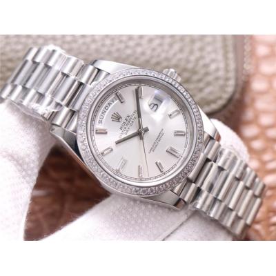 EWF DayDate 40 228345 A2836 Automatic Mens Watch Diamond Bezel Silver Dial President Bracelet Best Edition