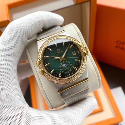 Replica Constellation A21j Automatic Movement Mens Watch Green Dial Diamonds Case Two Tone Yellow Gold E402