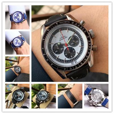 Replica Speedmaster Japan OS Quartz Chronograph Movement Mens Watch White Black Dial Leather Strap E403