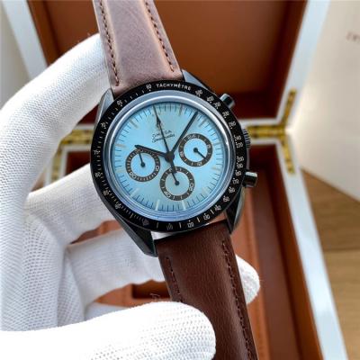 Replica Speedmaster Japan OS Quartz Chronograph Movement Mens Watch Ice Blue Dial Leather Strap E420