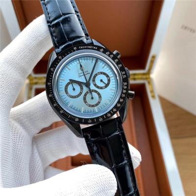 Replica Speedmaster Japan OS Quartz Chronograph Movement Mens Watch Ice Blue Dial Leather Strap E420