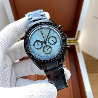 Replica Speedmaster Japan OS Quartz Chronograph Movement Mens Watch Ice Blue Dial Leather Strap E420