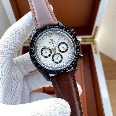 Replica Speedmaster Japan OS Quartz Chronograph Movement Mens Watch Ice Blue Dial Leather Strap E420