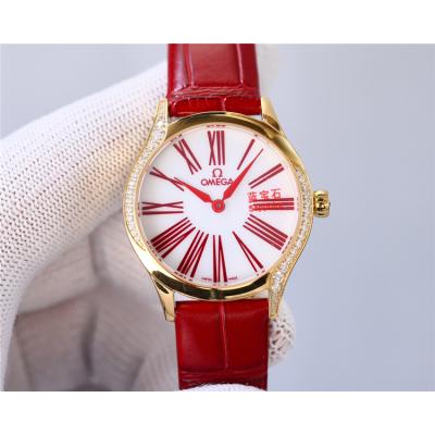 Replica De Ville Japan Quartz Movement Womens Watch White Dial Diamonds Case Leather Strap A E435