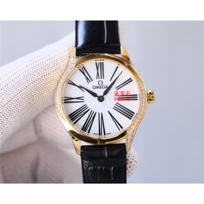 Replica De Ville Japan Quartz Movement Womens Watch White Dial Diamonds Case Leather Strap A E435