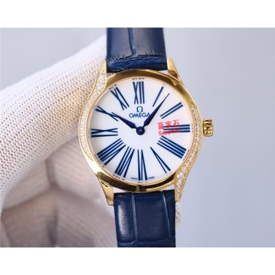 Replica De Ville Japan Quartz Movement Womens Watch White Dial Diamonds Case Leather Strap A E435