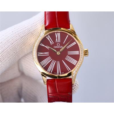 Replica De Ville Japan Quartz Movement Womens Watch White Dial Diamonds Case Leather Strap A E435