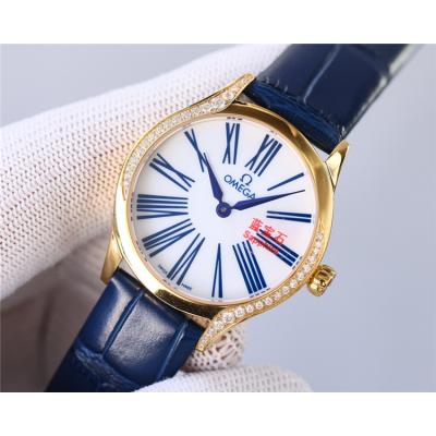 Replica De Ville Japan Quartz Movement Womens Watch White Dial Diamonds Case Leather Strap A E435