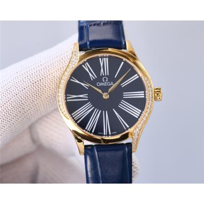 Replica De Ville Japan Quartz Movement Womens Watch White Dial Diamonds Case Leather Strap A E435