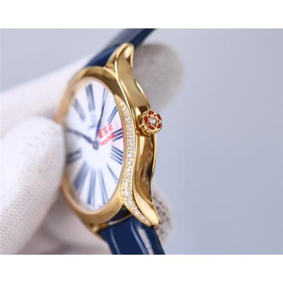 Replica De Ville Japan Quartz Movement Womens Watch White Dial Diamonds Case Leather Strap A E435