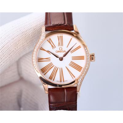 Replica De Ville Japan Quartz Movement Womens Watch White Dial Diamonds Case Leather Strap B E435