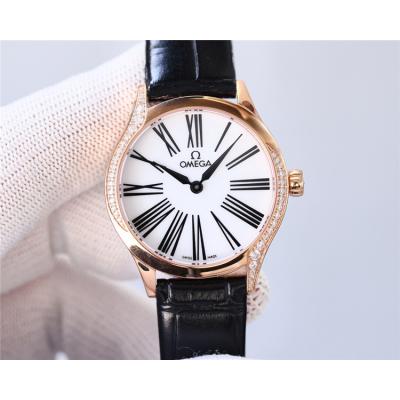 Replica De Ville Japan Quartz Movement Womens Watch White Dial Diamonds Case Leather Strap B E435