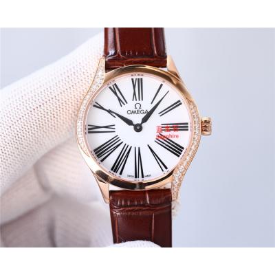 Replica De Ville Japan Quartz Movement Womens Watch White Dial Diamonds Case Leather Strap B E435