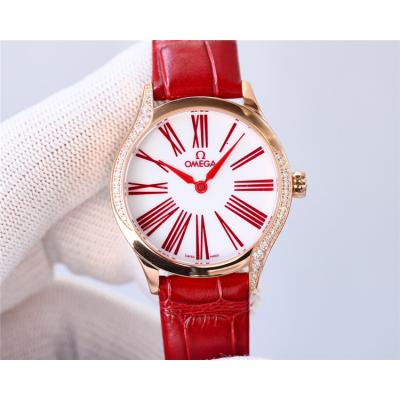 Replica De Ville Japan Quartz Movement Womens Watch White Dial Diamonds Case Leather Strap B E435