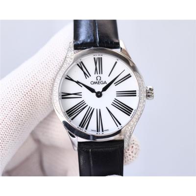 Replica De Ville Japan Quartz Movement Womens Watch White Dial Diamonds Case Leather Strap C E435