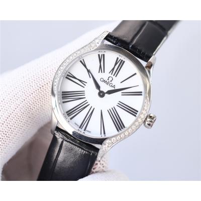 Replica De Ville Japan Quartz Movement Womens Watch White Dial Diamonds Case Leather Strap C E435