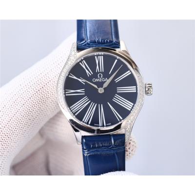 Replica De Ville Japan Quartz Movement Womens Watch White Dial Diamonds Case Leather Strap C E435