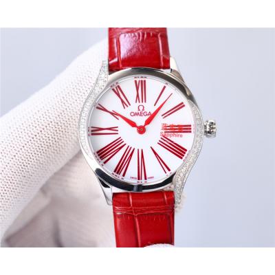 Replica De Ville Japan Quartz Movement Womens Watch White Dial Diamonds Case Leather Strap C E435