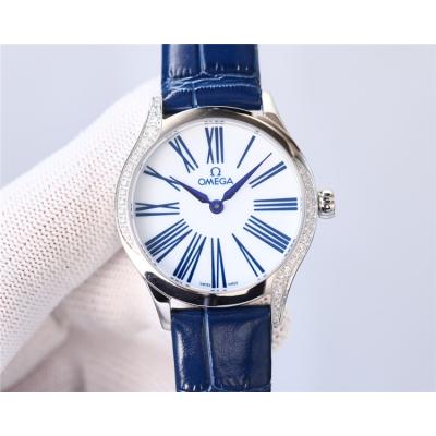 Replica De Ville Japan Quartz Movement Womens Watch White Dial Diamonds Case Leather Strap C E435