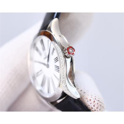 Replica De Ville Japan Quartz Movement Womens Watch White Dial Diamonds Case Leather Strap C E435