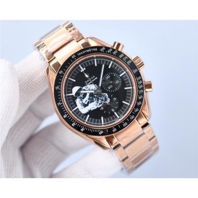 Replica Speedmaster Japan VK Quartz Chronograph Movement Mens Watch Black Dial Rose Gold B E436