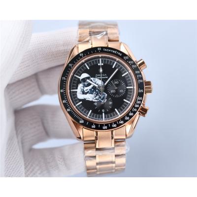 Replica Speedmaster Japan VK Quartz Chronograph Movement Mens Watch Black Dial Rose Gold B E436