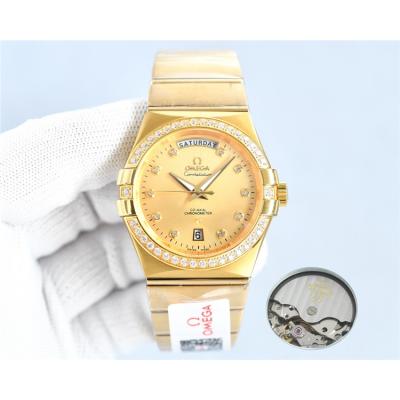 Replica Constellation Japan Miyota 8285 Automatic Mens Watch Gold Dial Diamonds Case Yellow Gold B E441