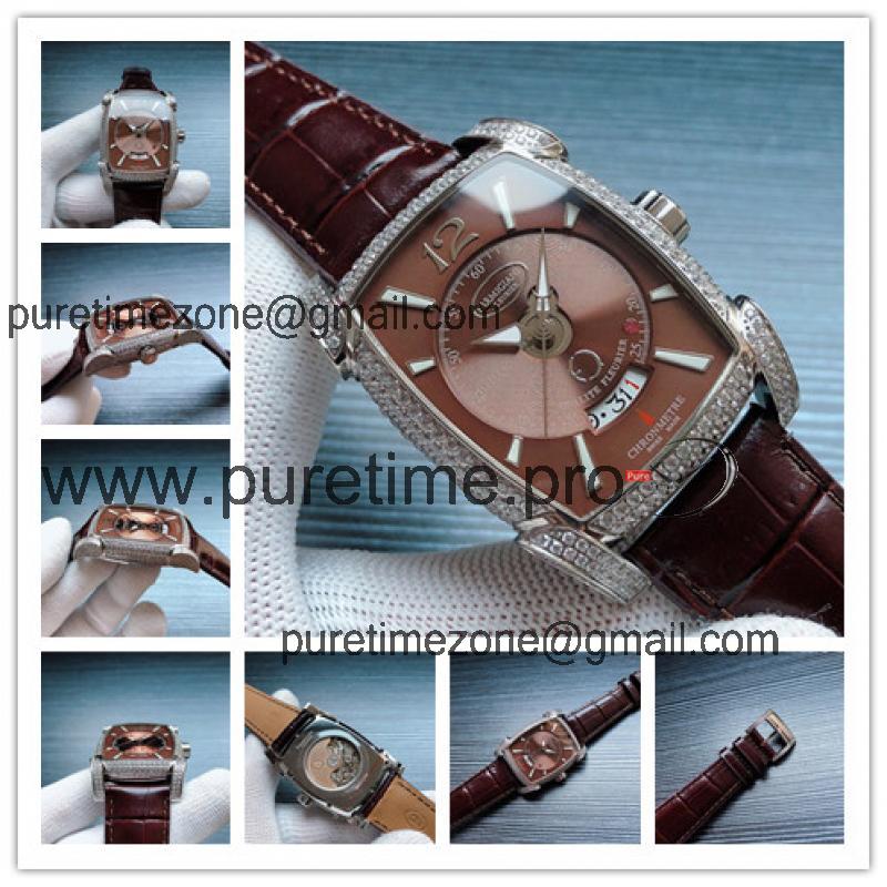 Replica Kalpa A21j Automatic Movement Mens Watch Brown Dial Diamonds Case Leather Strap E38