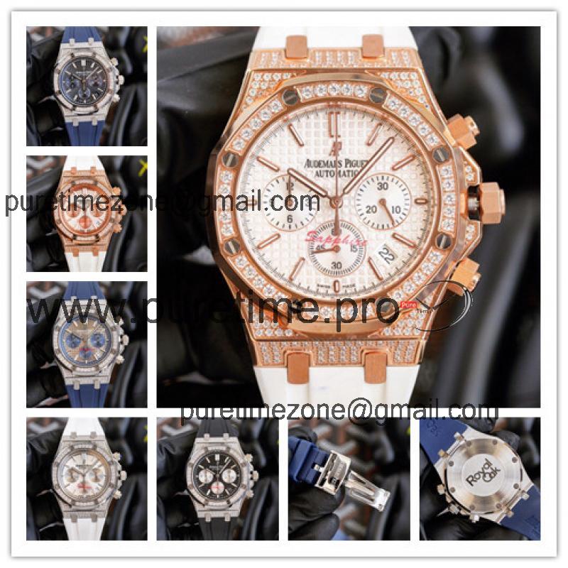 Replica Royal Oak Offshore Japan Quartz chronograph Movement Mens Watch Silver Dial Diamonds Case Rubber Strap A E213