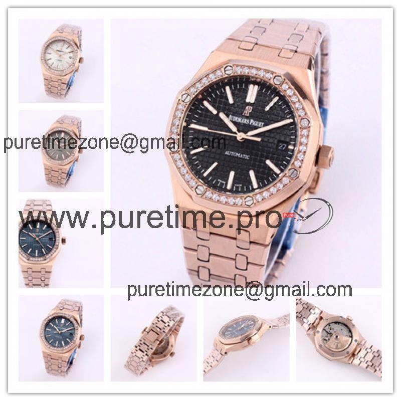 Replica Royal Oak A21j Automatic Movement Womens Watch Black Dial Diamonds Case Rose Gold D E227