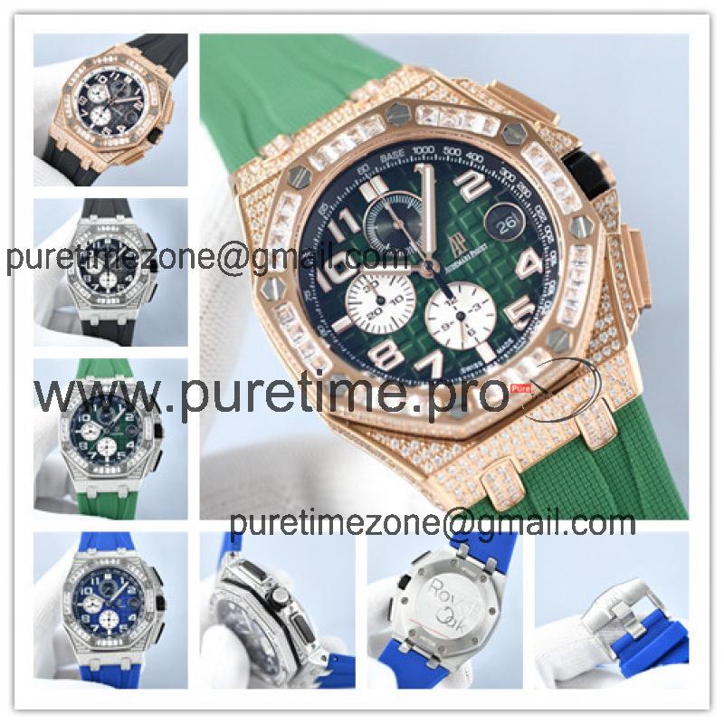 Replica Royal Oak Offshore Japan Quartz chronograph Movement Mens Watch Green Dial Diamonds Case Rubber Strap B E229