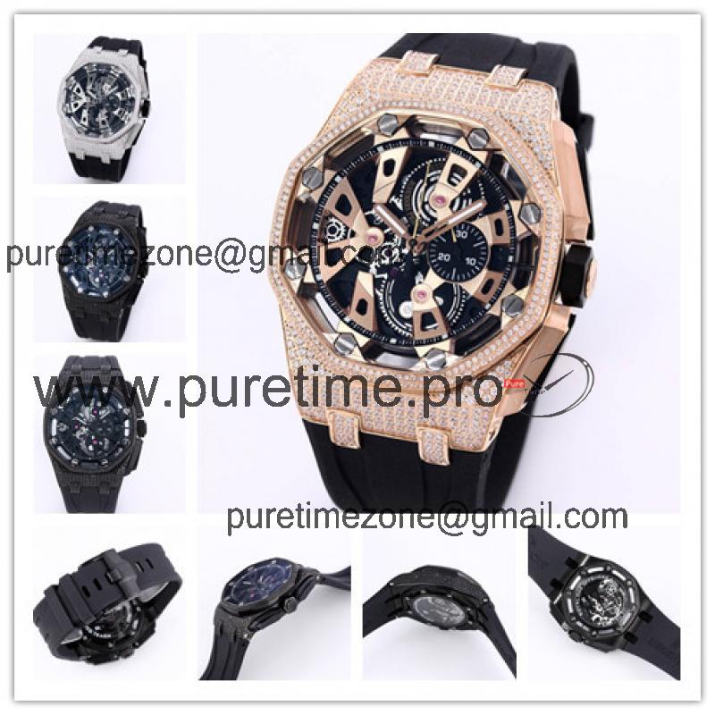 Replica Royal Oak Offshore Japan Quartz chronograph Movement Mens Watch Black Dial Diamonds Case Rubber Strap A28