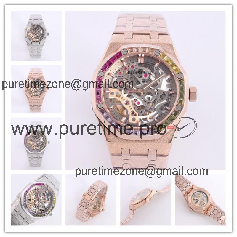 Replica Royal Oak A21j Automatic Movement Womens Watch Skeleton Dial Diamonds Case Frost Rose Gold B A29