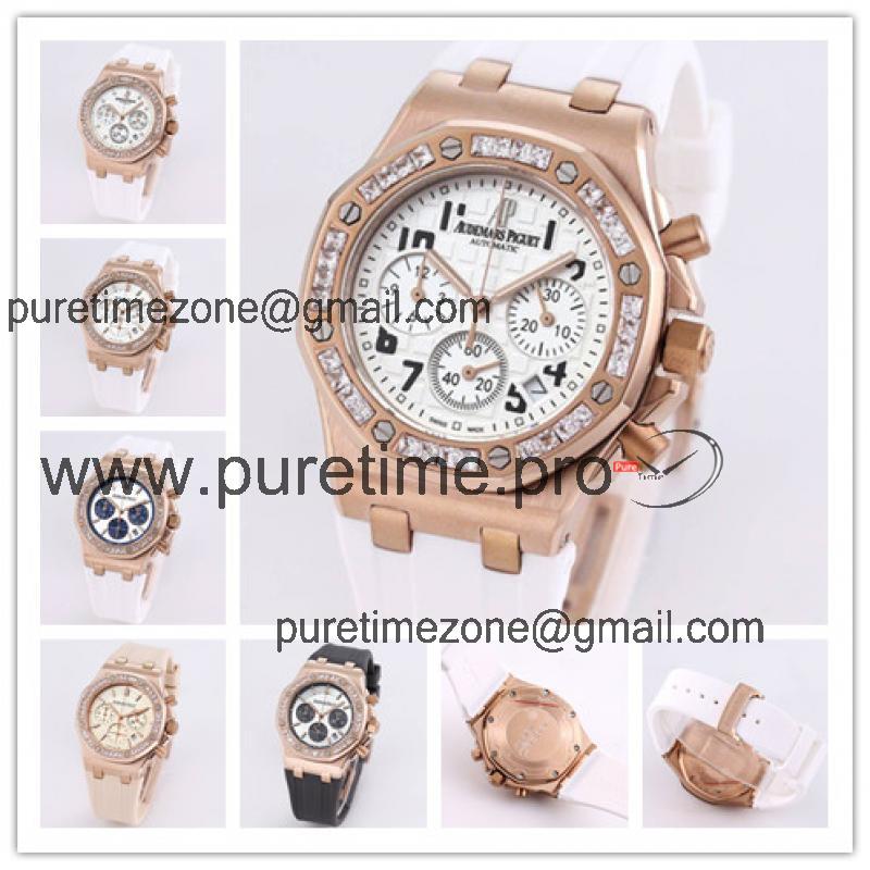 Replica Royal Oak Offshore Japan Quartz chronograph Movement Womens Watch White Dial Diamonds Case Rubber Strap B A32