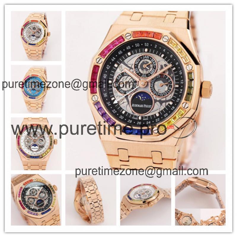 Replica Royal Oak A21j Automatic Movement Mens Watch Skeleton Dial Diamonds Case Rose Gold A38